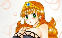 Rule 34 | bare shoulders, bra, breasts, bubble background, dragon quest, dragon quest i, hand on own chest, huge breasts, large breasts, looking to the side, princess laura, tiara, underwear