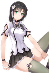 Rule 34 | 1girl, arm at side, arm cutout, arm strap, assault lily, black choker, black footwear, black hair, black skirt, breasts, choker, closed mouth, clothing cutout, fingernails, flower, flower knot, frilled skirt, frills, green eyes, green thighhighs, hair flower, hair ornament, hair scrunchie, hand on own thigh, highres, invisible chair, knee up, light particles, long hair, looking at viewer, low ponytail, medium breasts, meen (ouaughikepdvrsf), miniskirt, pleated skirt, scrunchie, shirt, shoes, short sleeves, side ponytail, simple background, sitting, skirt, solo, tassel, tassel hair ornament, thighhighs, wang yujia, white background, white flower, white scrunchie, white shirt, wristband