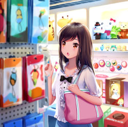 Rule 34 | 1girl, bag, black hair, bow, bowtie, brown eyes, commentary request, dress, eyebrows, frilled dress, frills, has bad revision, has downscaled revision, highres, indoors, md5 mismatch, open mouth, original, resolution mismatch, shop, shopping, shoulder bag, solo, source smaller, upper body, white dress, yin.
