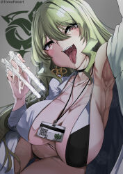 Rule 34 | 1girl, absurdres, arm up, armpits, bikini, breasts, card, choker, cum, cum in container, cumdrip, earrings, fangs, green hair, highres, holding, honkai (series), honkai impact 3rd, huge breasts, jewelry, lab coat, long hair, looking at viewer, mobius (honkai impact), naughty face, open mouth, red eyes, saliva, saliva trail, solo, string bikini, swimsuit, tomodachi (tomofanart), tongue, tongue out, vial