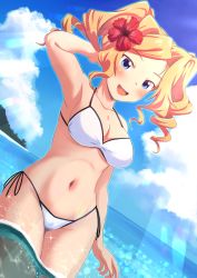Rule 34 | 1girl, armpits, bikini, blonde hair, blue eyes, blue sky, blush, breasts, cleavage, cloud, day, drill hair, dutch angle, flower, groin, hair flower, hair ornament, halterneck, hibiscus, highres, honolulu (kancolle), kantai collection, large breasts, long hair, looking at viewer, medium breasts, navel, ocean, official alternate costume, open mouth, outdoors, partially submerged, partially underwater shot, red flower, side-tie bikini bottom, sky, smile, solo, standing, string bikini, swimsuit, tsukemon, twin drills, twintails, underwater, wading, water, white bikini