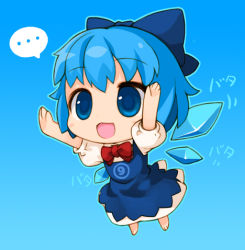 Rule 34 | circled 9, ..., 1girl, :d, blue background, blue eyes, blue hair, chibi, cirno, dress, flying, ice, ice wings, lowres, matching hair/eyes, open mouth, outstretched arms, ran system, smile, solo, speech bubble, touhou, translation request, wings