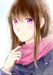 Rule 34 | 10s, 1girl, blush, brown hair, coat, flyaway-chan, highres, iki hiyori, light smile, noragami, pink eyes, pink scarf, scarf, simple background, solo, white background, winter clothes