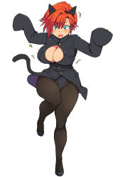 Rule 34 | 1girl, animal ears, black pantyhose, blush, breasts, cat ears, cat tail, cleavage, eroe, fang, gakuran, gender request, genderswap, highres, igarashi kyou (eroe), large breasts, leg up, leotard, open mouth, orange hair, original, pantyhose, popped button, school uniform, short hair, simple background, sleeves past wrists, solo, tail, white background, yellow eyes
