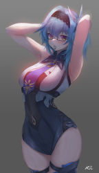 Rule 34 | 1girl, absurdres, armpits, arms up, bespectacled, black hairband, black headband, black leotard, blue hair, blue neckwear, breasts, cowboy shot, eula (genshin impact), genshin impact, glasses, grey background, hair ornament, hair tie in mouth, hairband, headband, highres, leotard, medium breasts, medium hair, mouth hold, multicolored eyes, ponytail, purple eyes, ribbon, ribbon in mouth, rinn 00, semi-rimless eyewear, signature, simple background, solo, thigh strap, tying hair, yellow eyes