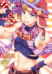 Rule 34 | 1boy, abs, aviator cap, bad id, bad pixiv id, bare shoulders, blue eyes, bomber hat, character name, crop top, fabulous, fingerless gloves, gloves, goggles, goggles around neck, hand on own hip, hat, highres, jojo no kimyou na bouken, joseph joestar, joseph joestar (young), male focus, midriff, nanamiya, official alternate costume, pointing, purple hair, scarf, solo, stacked hats