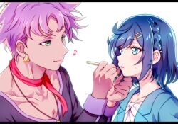 Rule 34 | 1boy, 1girl, black border, blue eyes, blue hair, blue jacket, border, braid, closed mouth, collarbone, delicious party precure, earrings, fuwa kokone, green eyes, hair ornament, hairclip, jacket, jewelry, kyoutsuugengo, letterboxed, looking at another, makeup, mascara, medium hair, parted lips, precure, purple hair, rosemary (precure), shirt, short hair, simple background, single braid, smile, sweatdrop, upper body, white background, white shirt