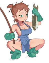 Rule 34 | 1girl, animal, animal request, apron, armpits, bare shoulders, barleyshake, boots, breasts, brown hair, character request, cleavage, closed mouth, collarbone, copyright request, dress, fish, fish request, freckles, full body, gloves, green eyes, green footwear, green gloves, half-closed eyes, high ponytail, highres, holding, holding animal, holding fish, large breasts, narrow waist, nearly naked apron, panties, rubber boots, rubber gloves, short eyebrows, short hair, sideboob, sideburns, simple background, solo, squatting, underwear, white background, white panties