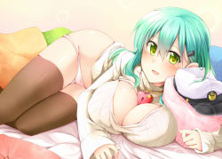 Rule 34 | 10s, 1girl, alternate costume, aqua hair, blush, breasts, brown thighhighs, cleavage, cleavage cutout, clothing cutout, green eyes, hair ornament, hairclip, hat, unworn hat, unworn headwear, heart, heart-shaped lock, heart necklace, kantai collection, large breasts, lock, long hair, looking at viewer, lying, md5 mismatch, meme attire, necklace, on side, open-chest sweater, panties, panty pull, pillow, pink panties, ribbed sweater, rui shi (rayze ray), sleeves past wrists, solo, suzuya (kancolle), sweater, thigh gap, thighhighs, turtleneck, underwear