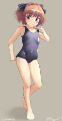 Rule 34 | 1girl, barefoot, black one-piece swimsuit, blue eyes, brown hair, covered navel, flat chest, full body, grey background, hachijou (kancolle), kantai collection, old school swimsuit, one-hour drawing challenge, one-piece swimsuit, ray.s, school swimsuit, shadow, simple background, smile, solo, swimsuit, two side up