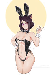 Rule 34 | 1girl, animal ears, ascari megane (aurahack), aurahack, bandaid, bandaid on face, bandaid on nose, bare shoulders, black bow, black bowtie, bow, bowtie, breasts, brown hair, cleavage, collarbone, commentary, cropped legs, detached collar, english commentary, fake animal ears, final fantasy, final fantasy xiv, forehead, hand on own hip, heterochromia, highres, leotard, looking at viewer, medium breasts, meme attire, miqo&#039;te, mole, mole on arm, mole on breast, mole on collarbone, mole on stomach, mole under eye, multiple moles, nail polish, nontraditional playboy bunny, ok sign, pasties, playboy bunny, purple eyes, rabbit ears, red eyes, revealing clothes, see-through, short hair, side-tie leotard, solo, strapless, translucent bunnysuit, warrior of light (ff14), wrist cuffs