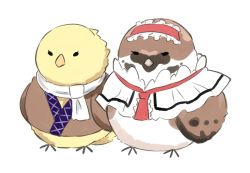 Rule 34 | alice margatroid, animal focus, animalization, bird, capelet, chick, full body, hairband, mizuhashi parsee, no humans, scarf, simple background, sketch, sparrow, taiki (ozone), touhou, white background, wings