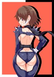Rule 34 | 1girl, ass, blush, braid, brown hair, chaps, cougar (cougar1404), crown braid, dimples of venus, from behind, gloves, huge ass, looking at viewer, looking back, niijima makoto, panties, persona, persona 5, red eyes, scarf, shiny clothes, shiny skin, short hair, solo, sweatdrop, thigh gap, underwear, wedgie