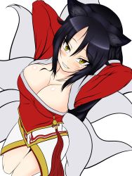 Rule 34 | 1girl, ahri (league of legends), animal ears, black hair, blush, breasts, cleavage, detached sleeves, facial mark, fox ears, fox tail, from above, grin, highres, kurarika, large breasts, league of legends, long hair, low neckline, multiple tails, smile, solo, tail, whisker markings, white background, yellow eyes