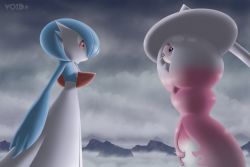 Rule 34 | 2girls, absurdly long hair, absurdres, alternate color, artist name, black sclera, blue hair, blue skin, bob cut, closed mouth, cloud, cloudy sky, colored sclera, colored skin, creatures (company), eye contact, female focus, flat chest, from side, game freak, gardevoir, gen 3 pokemon, gen 8 pokemon, gradient hair, grey hair, grey sky, hatterene, highres, long hair, looking at another, mountainous horizon, multicolored hair, multicolored skin, multiple girls, nintendo, outdoors, pink hair, pokemon, pokemon (creature), red eyes, shiny pokemon, short hair, sky, standing, two-tone hair, two-tone skin, very long hair, void (starvoid7), watermark, white eyes, white skin