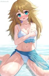 Rule 34 | 1girl, absurdres, aqua eyes, bikini, blush, breasts, cleavage, collarbone, covering privates, covering one breast, hand on own chest, hand up, highres, kohanayuki, light brown hair, long hair, looking at viewer, medium breasts, navel, open mouth, original, sitting, solo, swimsuit, thick eyebrows, twitter username, wariza, water, wavy mouth, white bikini