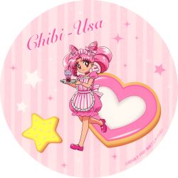 Rule 34 | 1990s (style), 1girl, apron, bishoujo senshi sailor moon, bishoujo senshi sailor moon r, bow, chibi usa, child, choker, double bun, dress, full body, hair bow, hair bun, headdress, heart, highres, holding, holding tray, long hair, looking at viewer, mary janes, no socks, official art, pink dress, pink footwear, pink neckwear, pink theme, puffy sleeves, red eyes, retro artstyle, sailor chibi moon, shoes, short dress, short sleeves, smile, solo, star (symbol), striped apron, striped clothes, tray, twintails, wristband
