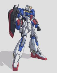 Rule 34 | clenched hands, commentary, green eyes, grey background, gundam, highres, looking ahead, mecha, mecha focus, no humans, r-4 (area d366), robot, shadow, solo, standing, v-fin, zeta gundam, zeta gundam (mobile suit)