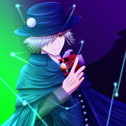 Rule 34 | 1boy, cape, crossover, edmond dantes (fate), fate/grand order, fate (series), fedora, formal, gradient background, hair over one eye, hat, highres, holding, jacket, kamen rider, kamen rider w, looking at viewer, ponzu (anagosan02), short hair, silver hair, simple background, solo, suit, wavy hair, yellow eyes