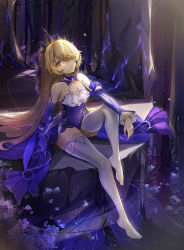 Rule 34 | 1girl, absurdres, arm rest, bare shoulders, blonde hair, breasts, closed mouth, collarbone, detached collar, detached sleeves, dress, fischl (ein immernachtstraum) (genshin impact), fischl (genshin impact), full body, genshin impact, hair over one eye, highres, k/a, knee up, long hair, looking at viewer, no shoes, official alternate costume, purple dress, purple sleeves, red eyes, sitting, sleeveless, sleeveless dress, small breasts, solo, thighhighs, tiara, white thighhighs