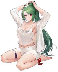 Rule 34 | 1girl, ankle ribbon, armpits, arms up, azur lane, blouse, breasts, cleavage, full body, green hair, holding, holding own hair, lace, lace-trimmed shirt, lace trim, large breasts, leg ribbon, littorio (azur lane), littorio (lounging emerald) (azur lane), long hair, looking at viewer, medium breasts, midriff peek, nagu, official alternate costume, official art, open clothes, open shirt, ponytail, red eyes, red hair, red ribbon, ribbon, round table, see-through, see-through shirt, shirt, shorts, sleepwear, solo, table, tank top, transparent background, tying hair, white shirt, white shorts