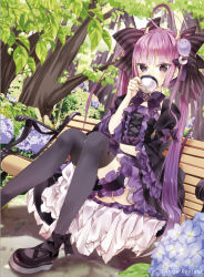 Rule 34 | 10s, 1girl, 218, ange vierge, cup, dress, drinking, flower, gothic lolita, hair ornament, hydrangea, lolita fashion, long hair, looking at viewer, original, purple hair, ribbon, sitting, solo, sophina, teacup, thigh strap, thighhighs, twintails
