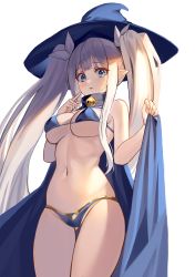Rule 34 | 1girl, absurdres, bare arms, bare shoulders, bell, bikini, blue bikini, blue eyes, blue hat, breasts, cape, cleavage, commission, cowboy shot, finger to cheek, gluteal fold, gold trim, hair ribbon, hands up, hat, high collar, highres, holding, jingle bell, large breasts, long hair, looking at viewer, navel, original, parted lips, pointy ears, prothy, ribbon, sidelocks, solo, standing, stomach, string bikini, swimsuit, thigh gap, thighs, twintails, very long hair, white hair, witch hat