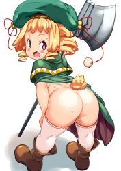 Rule 34 | 1girl, :d, ass, axe, bent over, blonde hair, blush, boots, bottomless, brown footwear, cape, commentary request, dimples of venus, drill hair, fang, from behind, green cape, green hat, halfling, hat, highres, holding, holding axe, kuroinu ~kedakaki seijo wa hakudaku ni somaru~, looking at viewer, looking back, medium hair, no panties, open mouth, pink eyes, polearm, pom pom (clothes), presenting, red ribbon, ribbon, ruu ruu, shiny skin, simple background, smile, solo, standing, sweat, tail, thighhighs, weapon, white background, white thighhighs, yu 3