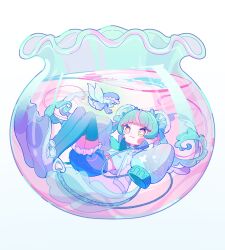 Rule 34 | 1girl, absurdres, blue hair, blue thighhighs, fang, fishbowl, full body, gaogao (gaogaomegu), highres, in bowl, in container, original, simple background, sleeves past fingers, sleeves past wrists, thighhighs, very long sleeves, white background, yellow eyes
