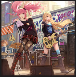 Rule 34 | 3girls, amplifier, bang dream!, bare shoulders, belt chain, black border, black shirt, blonde hair, blouse, blue thighhighs, boots, border, bow, box, brown hair, building, cable, chain, chain-link fence, choker, clothes writing, commentary, cross, cross-laced footwear, cross necklace, day, detached sleeves, drum, drum set, drumsticks, earrings, electric guitar, english commentary, fence, glasses, green eyes, guitar, hair bow, hair ribbon, headband, high heel boots, high heels, highres, holding, holding microphone, instrument, jewelry, lace-up boots, long hair, maruyama aya, microphone, microphone stand, miniskirt, multiple girls, music, necklace, off-shoulder shirt, off shoulder, open mouth, outdoors, over-kneehighs, pantyhose, pastel palettes (bang dream!), pink eyes, pink hair, plaid, plaid skirt, print shirt, purple eyes, ribbon, scar, scar on leg, shirasagi chisato, shirt, sidelocks, sign, singing, single over-kneehigh, single thighhigh, skirt, speaker, stage, standing, striped clothes, striped thighhighs, thighhighs, torn clothes, torn legwear, twintails, very long hair, warning sign, yamato maya, yuzuriha (atelier liang)