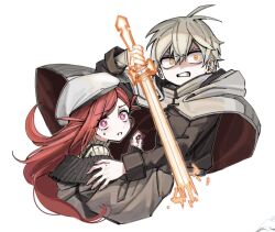 Rule 34 | 1boy, 1girl, antenna hair, atsuki imuri, beret, brown jacket, buttons, cape, clenched teeth, cropped torso, dot nose, double-breasted, energy sword, exorcist wo otosenai, father-kun (exorcist wo otosenai), grey hair, hand up, hat, holding, holding sword, holding weapon, jacket, long hair, long sleeves, looking at viewer, mismatched pupils, off shoulder, orange eyes, pink eyes, short hair, simple background, sweatdrop, sweater, sword, tamayume, teeth, turtleneck, turtleneck sweater, v-shaped eyebrows, weapon, white background, white headwear