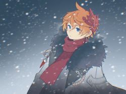 Rule 34 | 1boy, ahoge, black fur, blue eyes, brooch, cape, closed mouth, earrings, empty eyes, expressionless, fur trim, genshin impact, grey cape, highres, jewelry, looking to the side, male focus, mask, mask on head, meshi (gnsn), orange hair, red mask, red scarf, scarf, single earring, snow, solo, tartaglia (genshin impact)