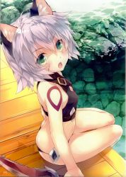 Rule 34 | 1girl, absurdres, amami mikihiro, animal ears, ass, bare legs, bare shoulders, breasts, butt crack, cat ears, dagger, fate (series), green eyes, highres, holding, holding weapon, knife, looking at viewer, looking back, midriff, open mouth, outdoors, scar, short hair, sitting, small breasts, solo, swimsuit, tattoo, water, weapon