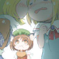 Rule 34 | 3girls, alice margatroid, animal ears, blonde hair, blush, brown eyes, brown hair, capelet, cat ears, chen, chicken (food), eating, fang, food, hat, imminent kiss, mizuhashi parsee, multiple girls, nartanz, open mouth, scarf, short hair, touhou, yuri