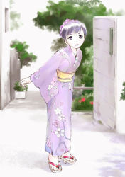 Rule 34 | geta, japanese clothes, kimono, leaning forward, short hair, solo, yoshizuki kumichi, yukata