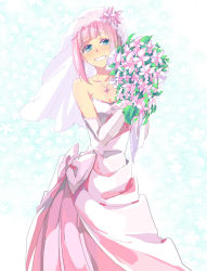 Rule 34 | 1girl, bare shoulders, blue eyes, blush, breasts, cleavage, commentary request, dress, grin, ishiwari, looking at viewer, medium breasts, miki sauvester, pink hair, short hair, smile, solo, standing, star ocean, star ocean integrity and faithlessness, wedding dress
