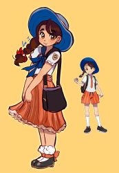Rule 34 | 1girl, adapted costume, black footwear, blue headwear, blue shirt, blush, braid, breast pocket, brown eyes, brown hair, camiinoa, collared shirt, commentary, creatures (company), english commentary, floating hair, game freak, hair behind ear, head tilt, highres, holding, holding poke ball, juliana (pokemon), long hair, looking at viewer, nintendo, orange shorts, orange skirt, pocket, poke ball, poke ball (basic), pokemon, pokemon sv, reference inset, sailor collar, shirt, shorts, skirt, smile, socks, solo focus, striped clothes, striped shorts, striped socks, vertical-striped clothes, vertical-striped shorts, yellow background