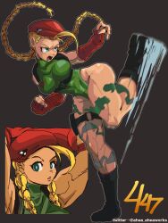 Rule 34 | 1girl, abs, ahea aheaworks, ass, blonde hair, boots, braid, cammy white, clenched hands, curvy, fingerless gloves, gloves, green eyes, green leotard, hat, highleg, highleg leotard, highres, kicking, leotard, long hair, muscular, muscular female, shiny skin, sleeveless, street fighter, street fighter ii (series), twin braids, very long hair