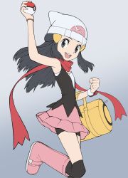 Rule 34 | 1girl, :d, bag, beanie, bike shorts, bike shorts under skirt, black hair, black thighhighs, boots, bracelet, clenched hand, commentary request, creatures (company), dawn (pokemon), duffel bag, eyelashes, floating hair, floating scarf, game freak, grey eyes, hair ornament, hairclip, hat, highres, holding, holding poke ball, jewelry, long hair, nintendo, open mouth, over-kneehighs, pink footwear, pink skirt, poke ball, poke ball (basic), pokemon, pokemon dppt, scarf, shirt, skirt, sleeveless, sleeveless shirt, smile, solo, teeth, thighhighs, tongue, upper teeth only, white hat, yellow bag, yoshi (moco1)