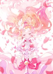 Rule 34 | 1girl, blonde hair, bow, closed eyes, commentary request, cure flora, earrings, flower, flower earrings, flower necklace, gloves, go! princess precure, hands on own chest, haruno haruka, highres, jewelry, long hair, magical girl, multicolored hair, necklace, petals, pink bow, pink hair, pochi (askas is god), precure, puffy short sleeves, puffy sleeves, short sleeves, solo, streaked hair, two-tone hair, waist bow, waist brooch, white gloves