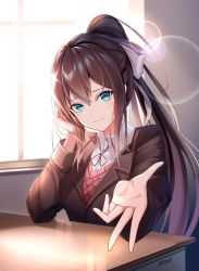 Rule 34 | 1girl, brown hair, classroom, desk, doki doki literature club, green eyes, hand up, looking at viewer, minoominoomi, monika (doki doki literature club), ponytail, resolution mismatch, ribbon, school uniform, solo, source larger, sunlight, white ribbon
