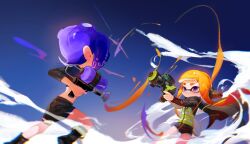 Rule 34 | 2girls, agent 3 (splatoon), agent 8 (splatoon), anklet, battle, belt, black belt, black cape, black footwear, black headphones, black shirt, black shorts, black skirt, blonde hair, blue sky, blunt bangs, boots, cape, chromatic aberration, closed mouth, cloud, cloudy sky, commentary request, crop top, facing away, feet out of frame, gradient hair, headphones, hero shot (splatoon), high-visibility vest, highres, holding, holding weapon, inkling, jewelry, jio022, long hair, long sleeves, looking at another, midriff, miniskirt, multicolored hair, multiple girls, nintendo, octoling, octoling girl, octoling player character, octoshot (splatoon), orange hair, purple eyes, purple hair, running, shirt, shorts, skirt, sky, splatoon (series), splatoon 2, splatoon 2: octo expansion, suction cups, tentacle hair, thigh belt, thigh strap, twintails, two-tone hair, very long hair, vest, weapon