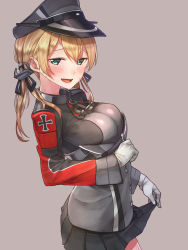Rule 34 | 10s, 1girl, anchor, anchor hair ornament, baffu, black hat, black ribbon, black skirt, blonde hair, blue eyes, blush, breasts, clothes lift, cowboy shot, cross, from side, gloves, grey background, hair between eyes, hair ornament, hair ribbon, hat, highres, iron cross, kantai collection, large breasts, lifting own clothes, long hair, long sleeves, looking at viewer, microskirt, military, military uniform, naval uniform, open mouth, peaked cap, pleated skirt, prinz eugen (kancolle), ribbon, seductive smile, skirt, skirt lift, smile, solo, standing, sweat, twintails, uniform, white gloves