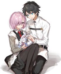 Rule 34 | 1boy, 1girl, :o, animal, bad id, bad pixiv id, black-framed eyewear, black hair, black pantyhose, blue eyes, chocoan, closed mouth, collared shirt, fate/grand order, fate (series), fou (fate), fujimaru ritsuka (male), glasses, hair between eyes, hair over one eye, headpat, holding, holding animal, hood, hoodie, legs together, looking at another, mash kyrielight, necktie, one eye covered, open mouth, pantyhose, purple eyes, purple hair, red necktie, semi-rimless eyewear, shadow, shirt, short hair, simple background, sitting, white background, white shirt