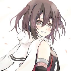Rule 34 | 1girl, black gloves, brown eyes, brown hair, dairyo3, elbow gloves, gloves, grin, highres, kantai collection, looking at viewer, scarf, school uniform, sendai (kancolle), sendai kai ni (kancolle), serafuku, short hair, simple background, sleeveless, smile, solo, two side up, white background, white scarf