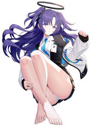 Rule 34 | 1girl, barefoot, black jacket, blue archive, blue necktie, breasts, collared shirt, commentary request, crossed legs, floating hair, full body, halo, hand up, highres, jacket, long hair, long sleeves, looking at viewer, medium breasts, necktie, off shoulder, open clothes, open jacket, panties, parted bangs, parted lips, puffy long sleeves, puffy sleeves, purple eyes, purple hair, ririko (zhuoyandesailaer), shirt, simple background, sleeves past wrists, solo, underwear, very long hair, white background, white jacket, white panties, white shirt, yuuka (blue archive)