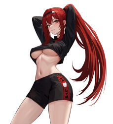 Rule 34 | 1girl, arms behind head, black hairband, black shorts, breasts, cropped shirt, hairband, haruyuki (karem), highres, large breasts, long hair, long sleeves, looking at viewer, mixed-language commentary, mole, mole on breast, mole under eye, navel, ponytail, punishing: gray raven, red eyes, red hair, short shorts, shorts, sidelocks, smile, solo, underboob, vera: garnet (punishing: gray raven), vera (punishing: gray raven), very long hair, white background