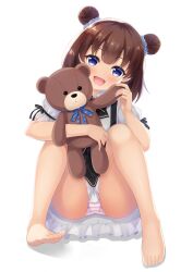Rule 34 | 1girl, 7fuji 06, ass, barefoot, blue eyes, blush, brown hair, collared shirt, double bun, frilled skirt, frills, full body, hair bun, hair ornament, hair scrunchie, highres, holding, holding stuffed toy, knees up, looking at viewer, open mouth, original, panties, pantyshot, plaid, plaid ribbon, ribbon, scrunchie, shirt, short hair, short sleeves, sitting, skirt, sleeve ribbon, smile, solo, striped clothes, striped panties, stuffed animal, stuffed toy, teddy bear, underwear