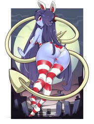 Rule 34 | 1girl, :3, alternate costume, alternate hairstyle, ass, bayeuxman, blue background, blue hair, blue skin, colored skin, fire, from behind, full moon, graveyard, hair down, hair over one eye, highres, leotard, leviathan (skullgirls), long hair, looking at viewer, looking back, moon, playboy bunny, pursed lips, rabbit ears, red eyes, skullgirls, socks, solo, squigly (skullgirls), stitched mouth, stitches, striped clothes, striped socks, striped thighhighs, thighhighs, zombie