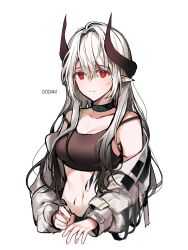 Rule 34 | 1girl, arknights, artist name, black sports bra, breasts, closed mouth, collarbone, commentary, cropped torso, demon horns, dodam prc, ear piercing, hair between eyes, highres, horns, infection monitor (arknights), jumpsuit, korean commentary, large breasts, long hair, long sleeves, looking at viewer, material growth, mudrock (arknights), mudrock (elite ii) (arknights), off shoulder, open jumpsuit, oripathy lesion (arknights), piercing, pointy ears, red eyes, sidelocks, simple background, solo, sports bra, stomach, strap slip, white background, white hair, white jumpsuit